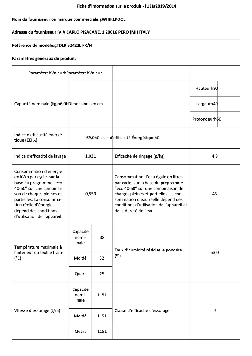 Page 1 de la notice Fiche technique Whirlpool TDLR 62422L FR/N