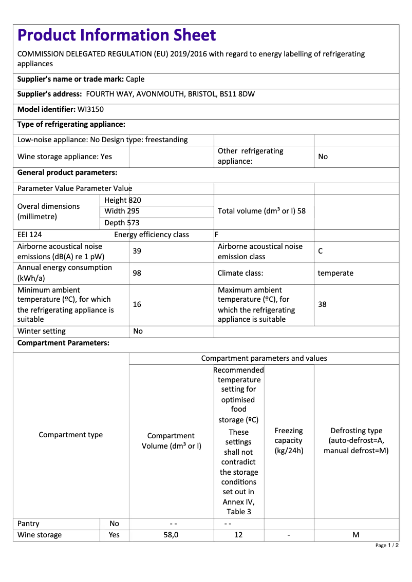 Page 1 de la notice Fiche technique Caple WI3150