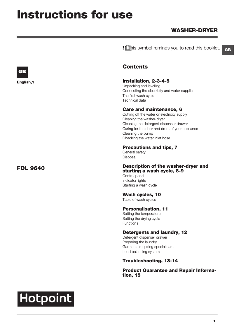 Page 1 de la notice Manuel utilisateur Hotpoint FDL 9640P UK