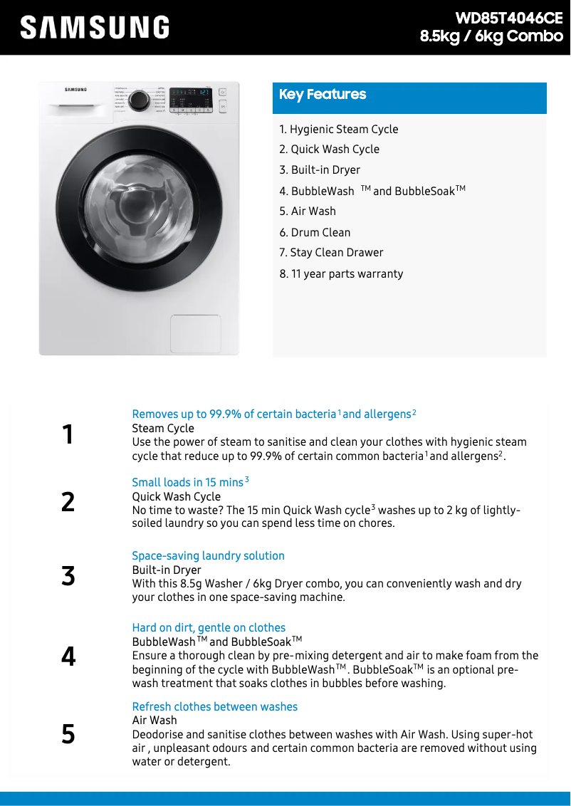 Page 1 de la notice Fiche technique Samsung WD85T4046CE