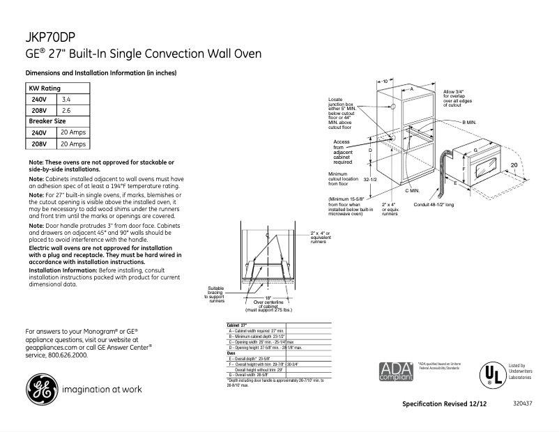 Page n°1 - Fiche technique GE JKP70DPWW