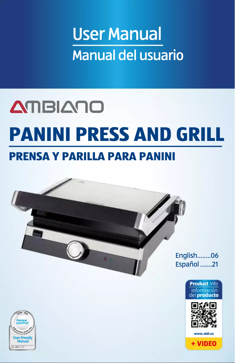 Page 1 de la notice Manuel utilisateur Ambiano Panini Press and Grill KG6000