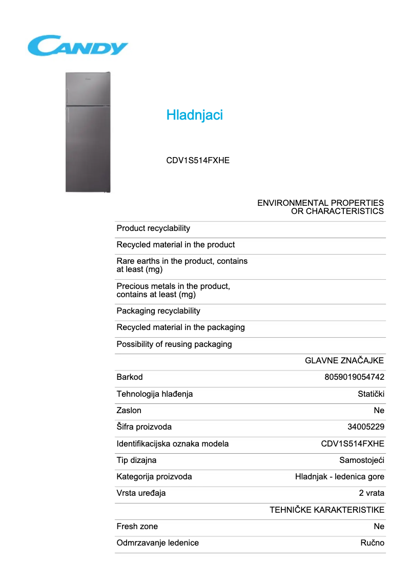 Page 1 de la notice Fiche technique Candy CDV1S514FXHE