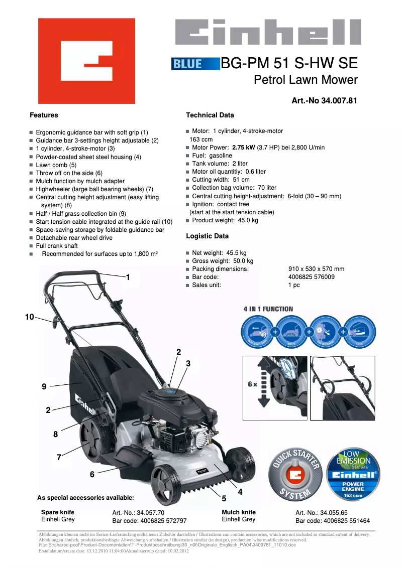 Page 1 de la notice Manuel utilisateur Einhell BG-PM 51 S-HW SE