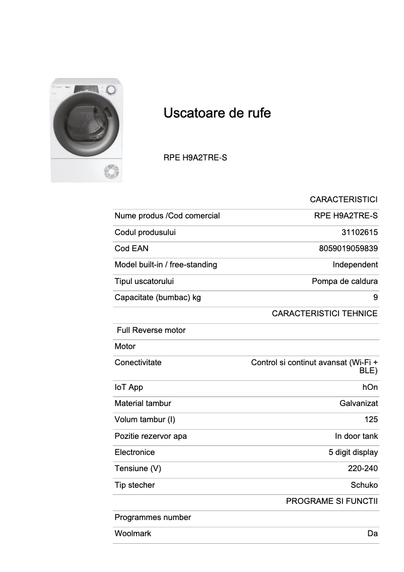 Page 1 de la notice Fiche technique Candy RPE H9A2TRE-S