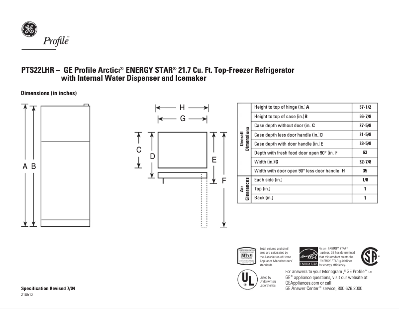Page 1 de la notice Fiche technique GE PTS22LHRBB