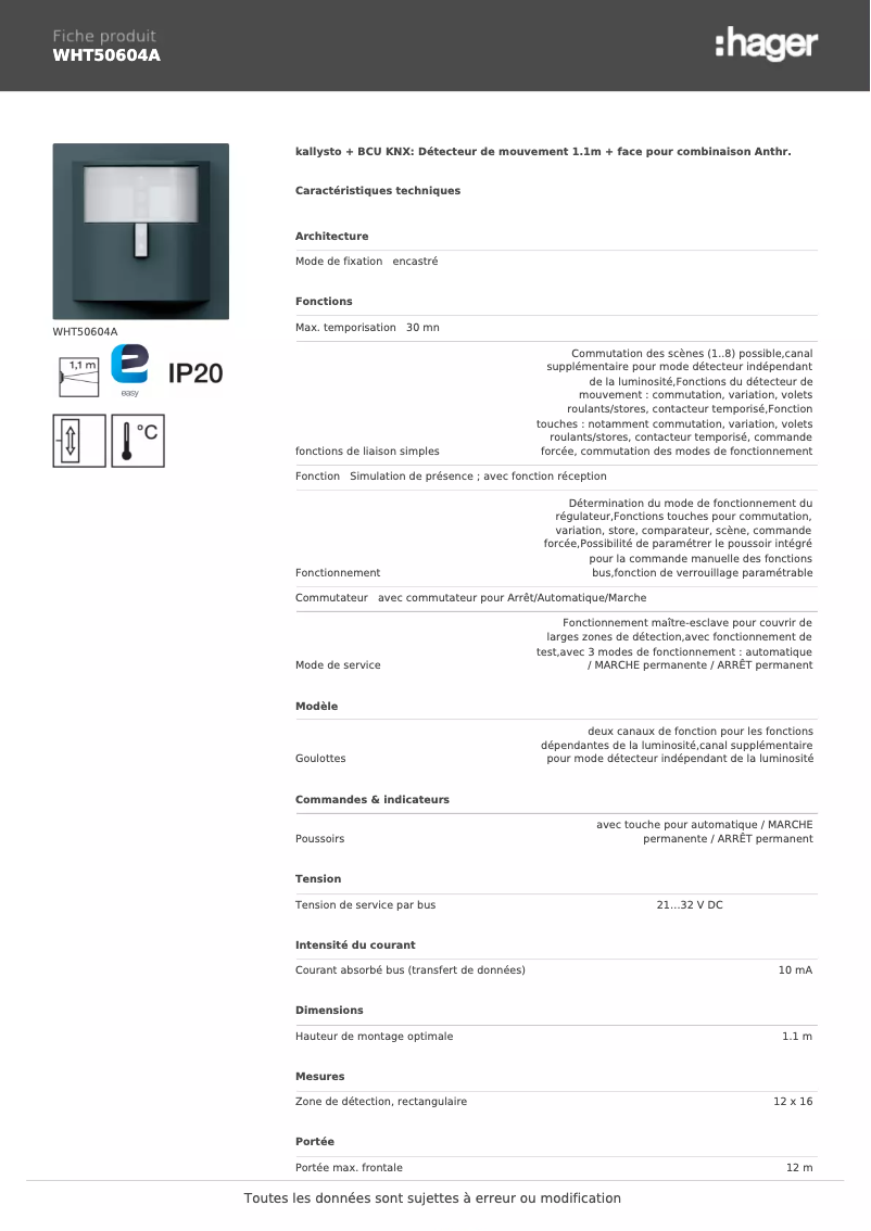 Page n°1 - Fiche technique Hager WHT50604A