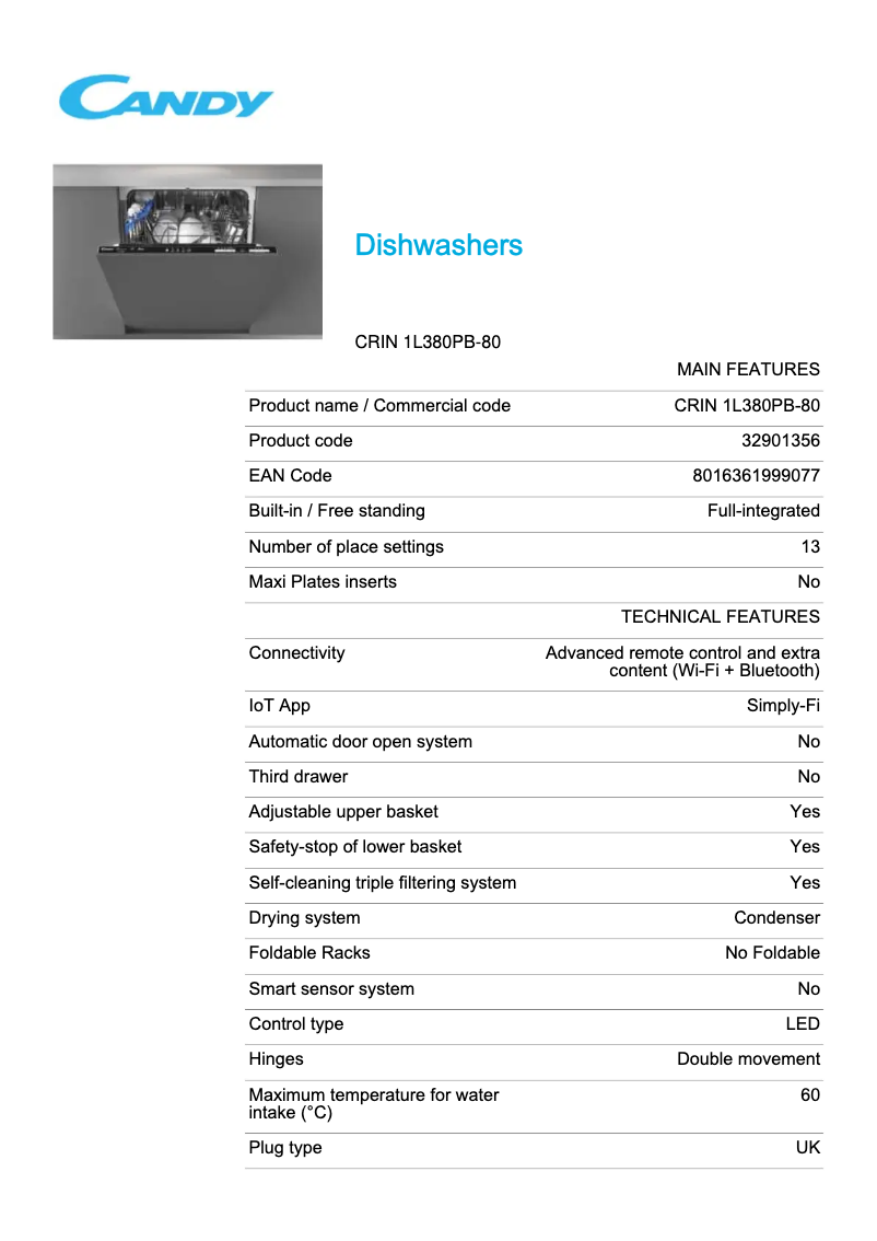 Page 1 de la notice Fiche technique Candy CRIN 1L380PB-80