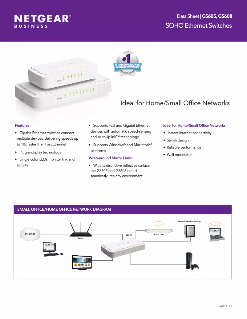Page 1 de la notice Fiche technique Netgear GS608v4