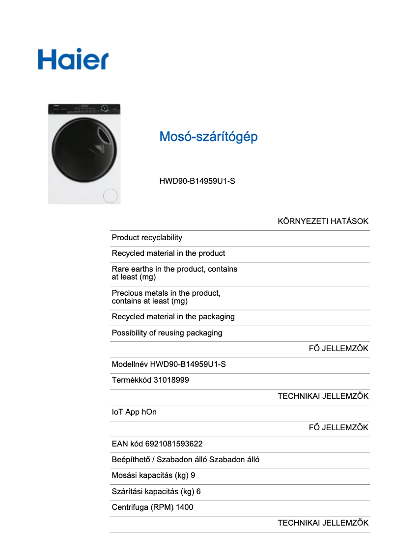 Page 1 de la notice Fiche technique Haier HWD90-B14959U1UK