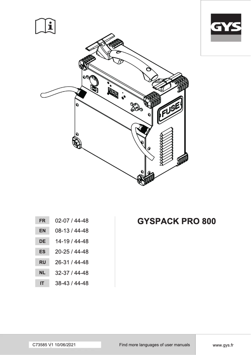 Page n°1 - Manuel utilisateur GYS Gyspack PRO 800