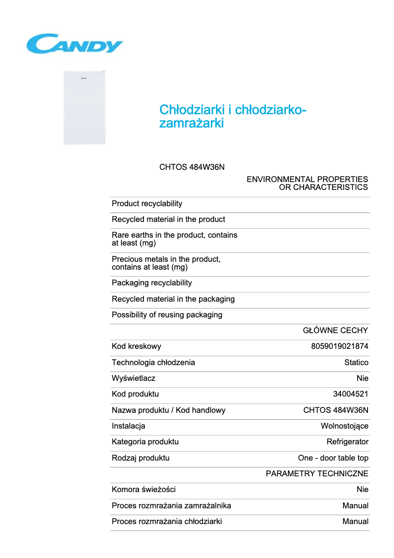 Page 1 de la notice Fiche technique Candy CHTOS 484W36N