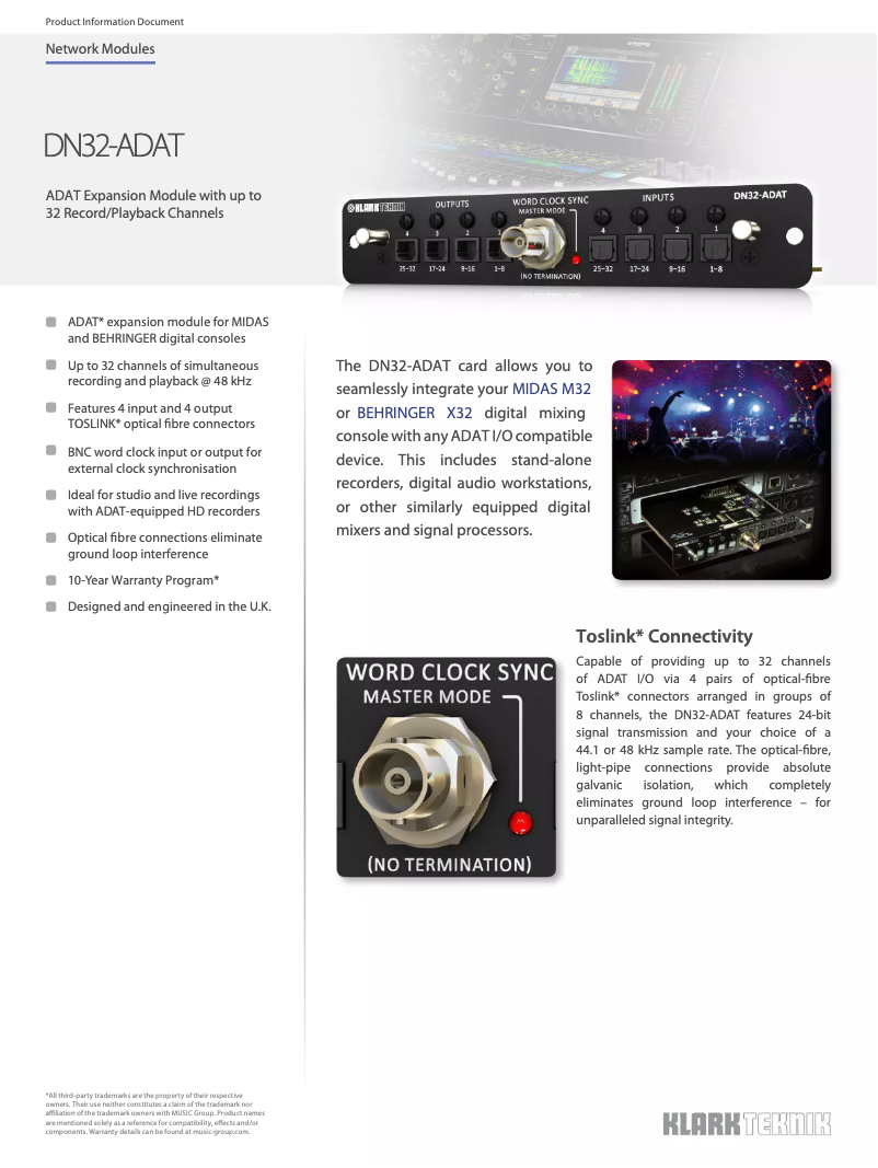 Page 1 de la notice Fiche technique Klark Teknik DN32-ADAT