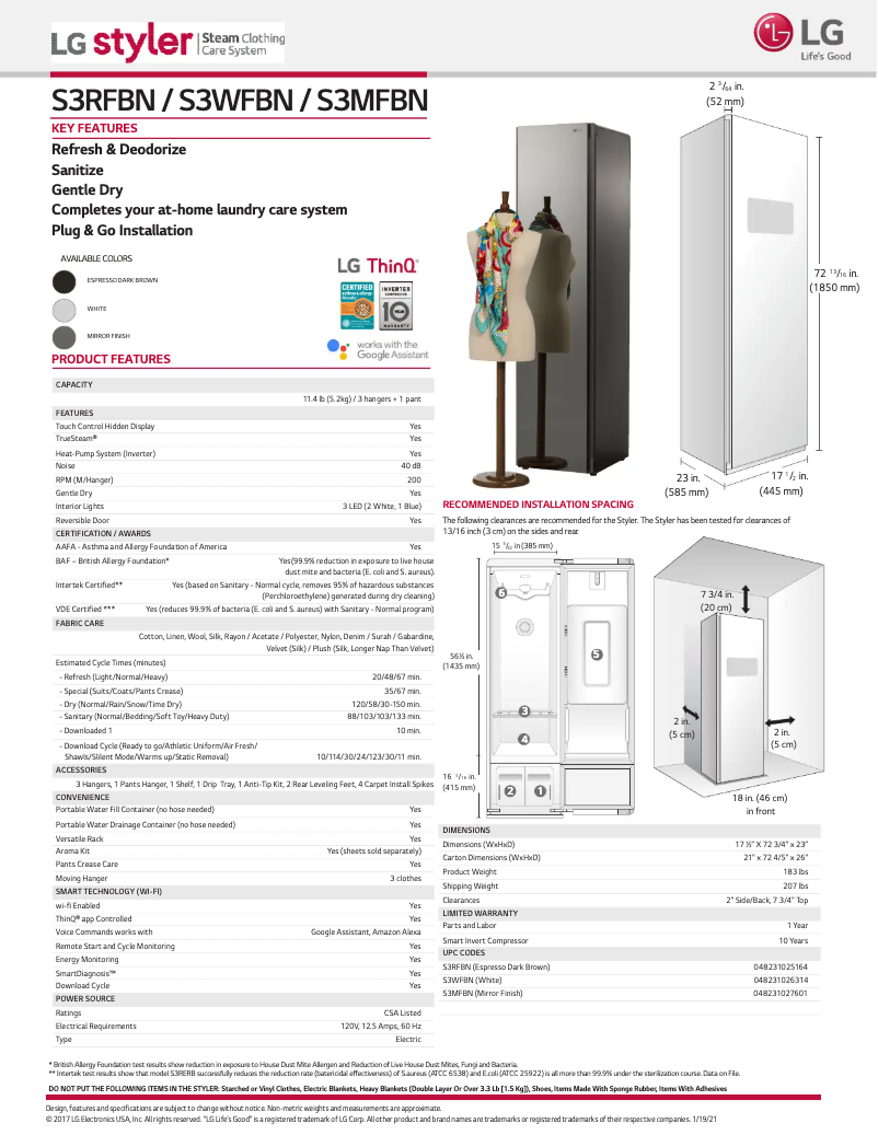 Image de la première page du manuel de l'appareil Styler S3WFBN