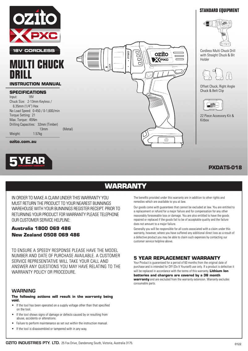 Page 1 de la notice Manuel utilisateur Ozito PXDATK-250