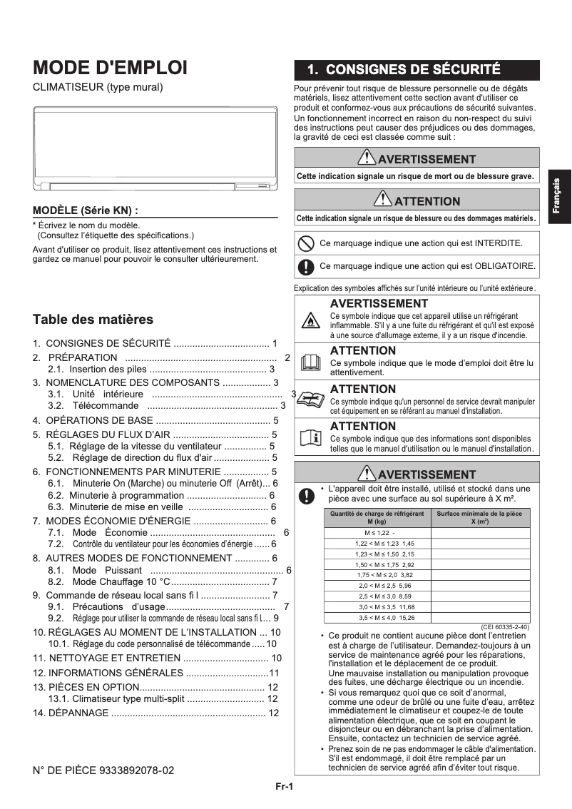 Page 1 de la notice Manuel utilisateur Fujitsu ASHH07KNCA