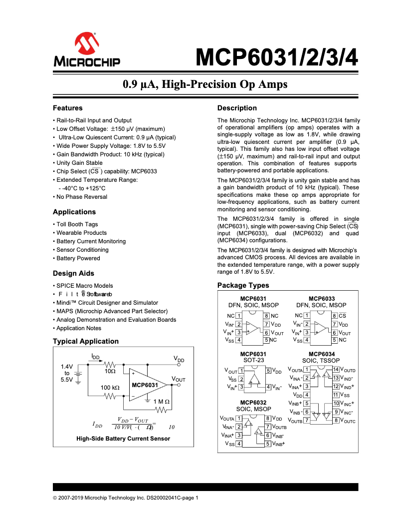 Page 1 de la notice Fiche technique Microchip MCP6031