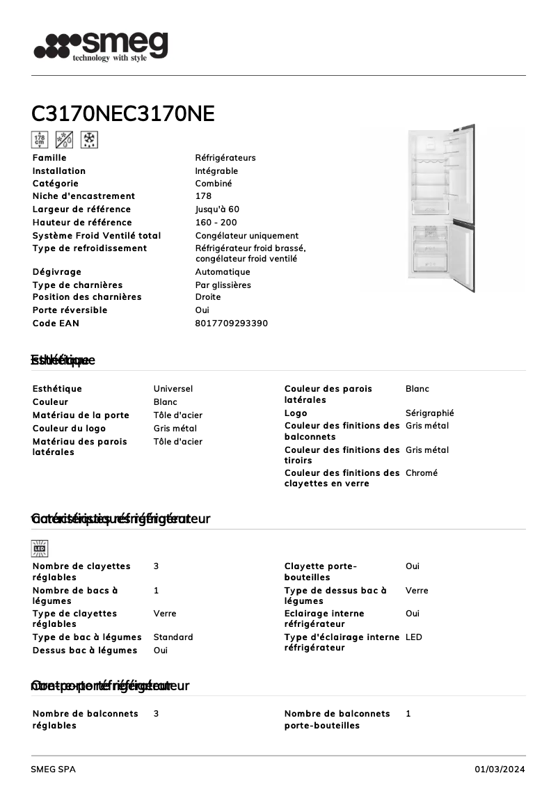 Page 1 de la notice Fiche technique Smeg C3170NE