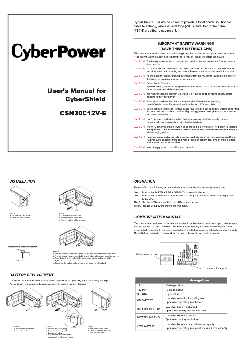Page 1 de la notice Manuel utilisateur CyberPower CSN30C12V-E