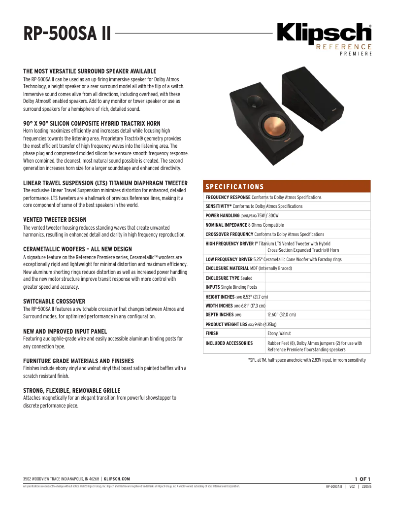 Page 1 de la notice Fiche technique Klipsch Reference Premiere RP-500SA II