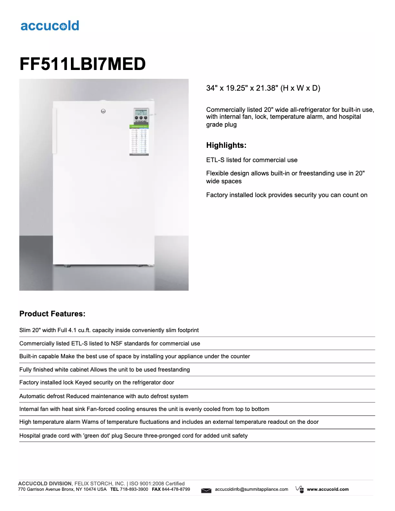Página 1 del manual Ficha técnica Summit Accucold FF511LBI7MED
