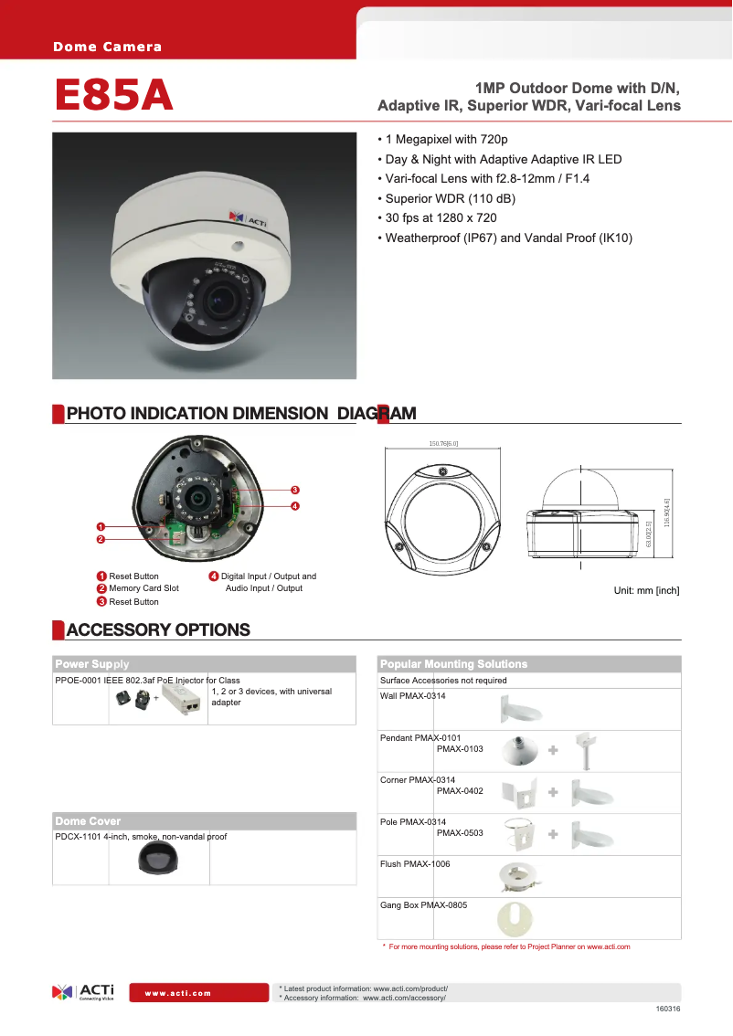 Page 1 de la notice Fiche technique ACTi E85A