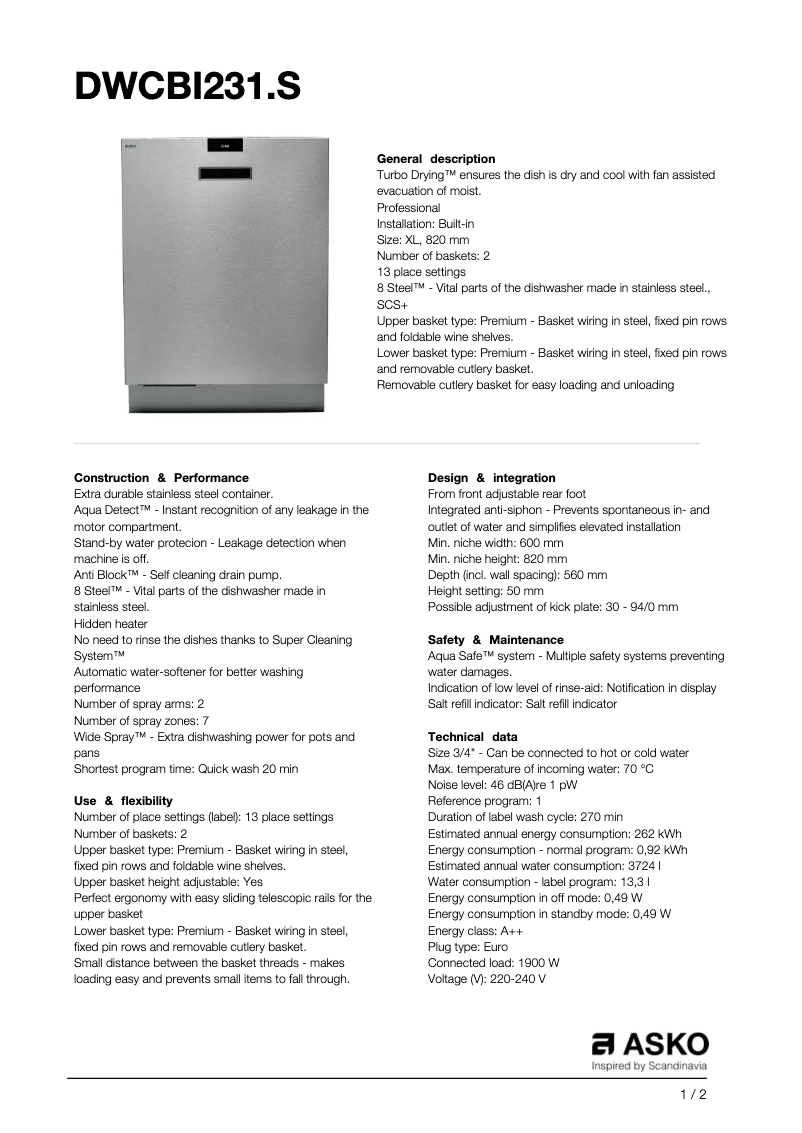 Page n°1 - Fiche technique Asko DWCBI231.S