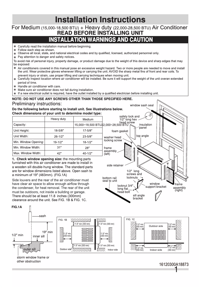 Page n°1 - Guide d'installation Frigidaire FHWC183WB2
