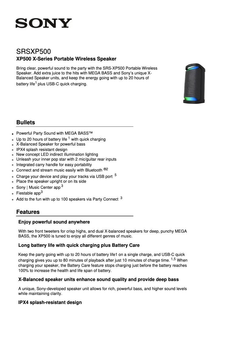 Page n°1 - Fiche technique Sony SRS-XP500