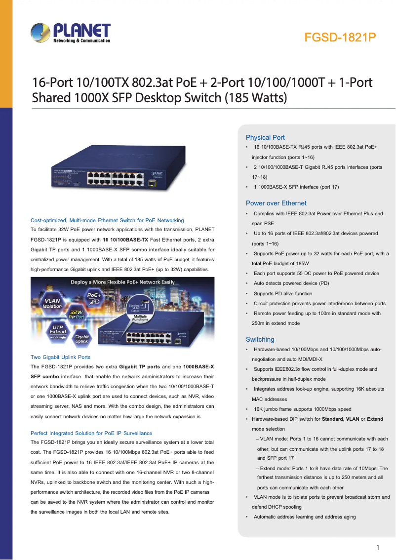 Page n°1 - Fiche technique Planet FGSD-1821P