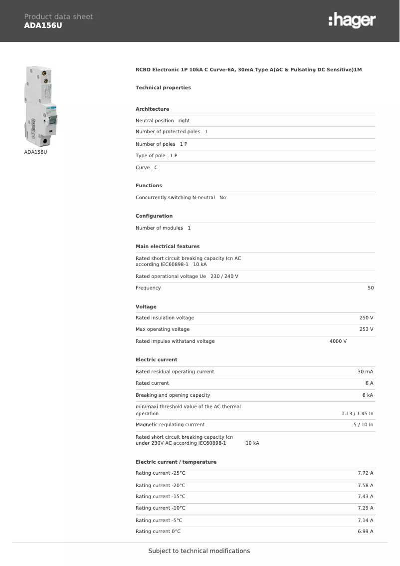 Página 1 del manual Ficha técnica Hager ADA156U