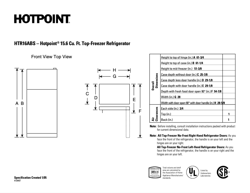 Page 1 de la notice Fiche technique Hotpoint HTR16ABSLCC