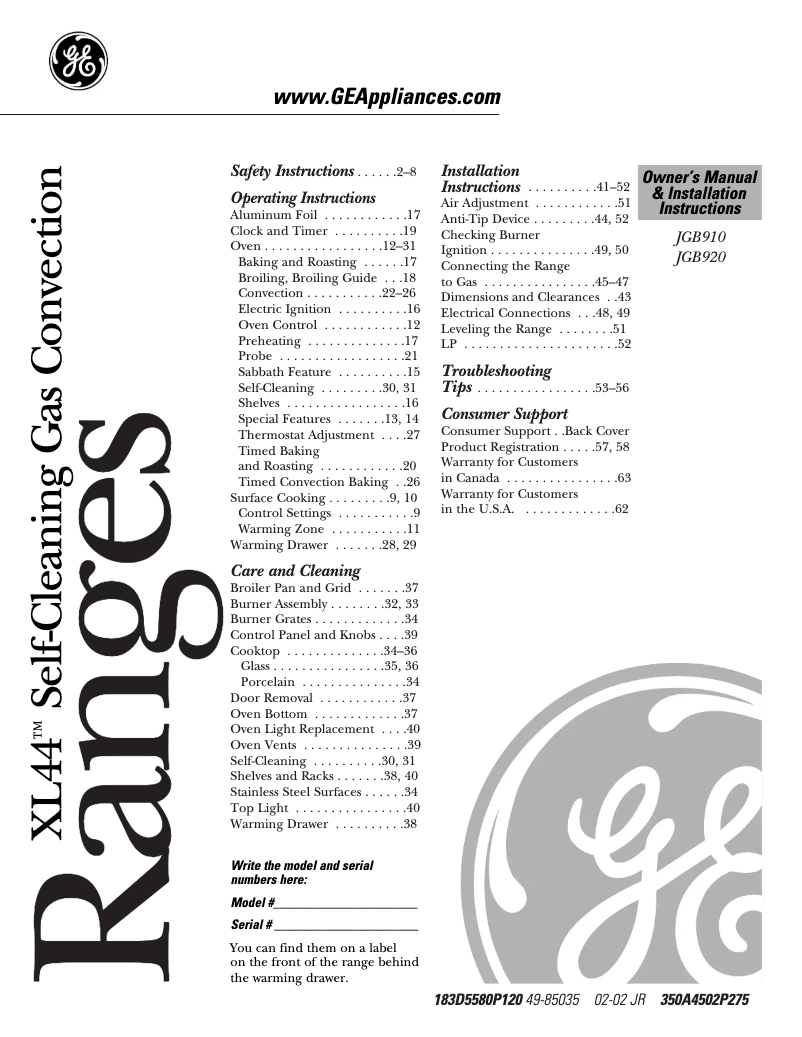 Page n°1 - Guide d'installation GE Profile Spectra JGB910SECSS