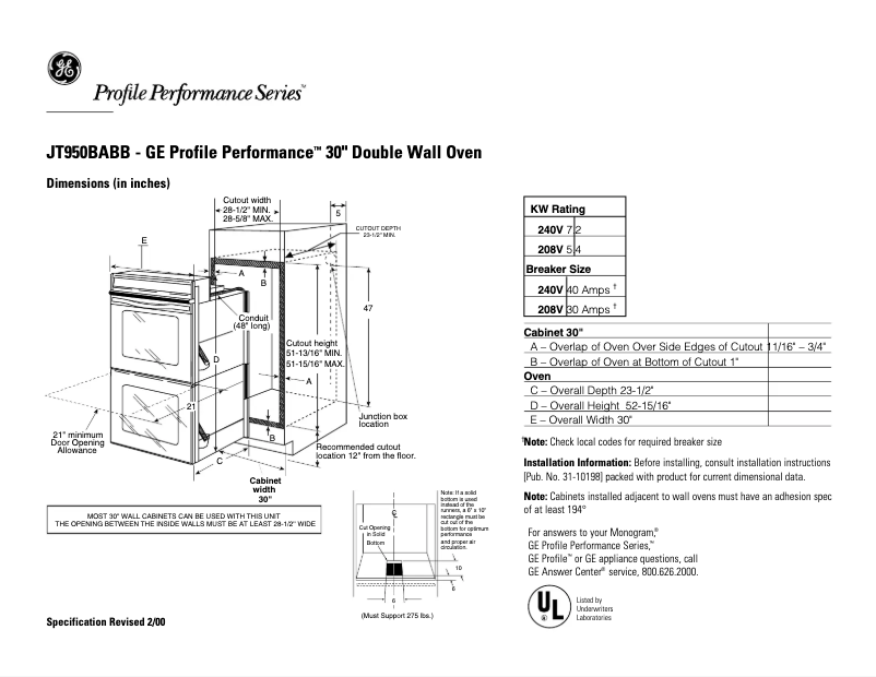 Page 1 de la notice Fiche technique GE Profile Performance JT950BABB