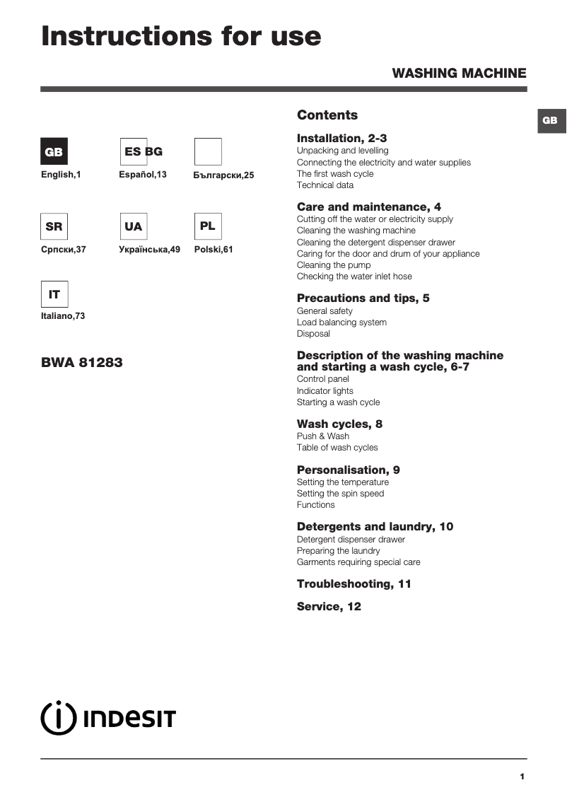 Page 1 de la notice Manuel utilisateur Indesit BWA 81283X W EU