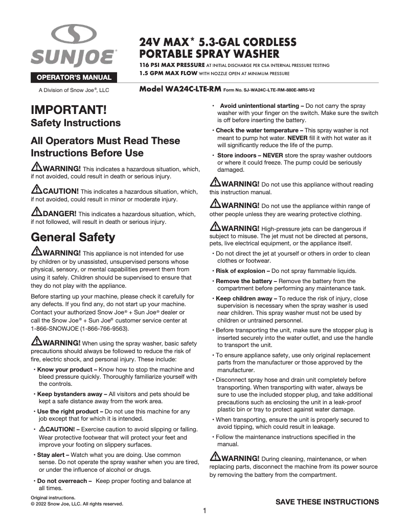 Page n°1 - Manuel utilisateur Sun Joe WA24C-LTE-RM