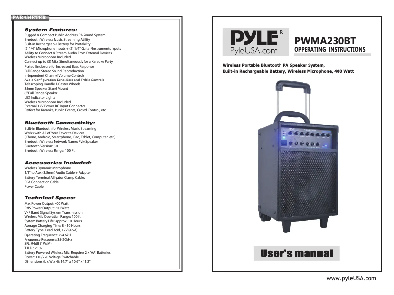 Image de la première page du manuel de l'appareil PWMA230BT