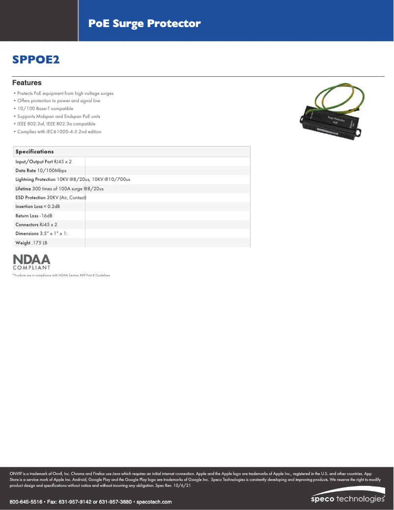 Página 1 del manual Ficha técnica Speco Technologies SPPOE2