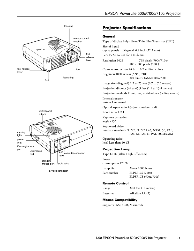 Page 1 de la notice Fiche technique Epson PowerLite 710c