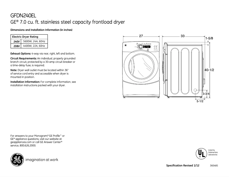 Page 1 de la notice Fiche technique GE GFDN245ELMV