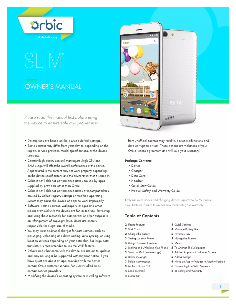 Page 1 de la notice Manuel utilisateur Orbic Slim