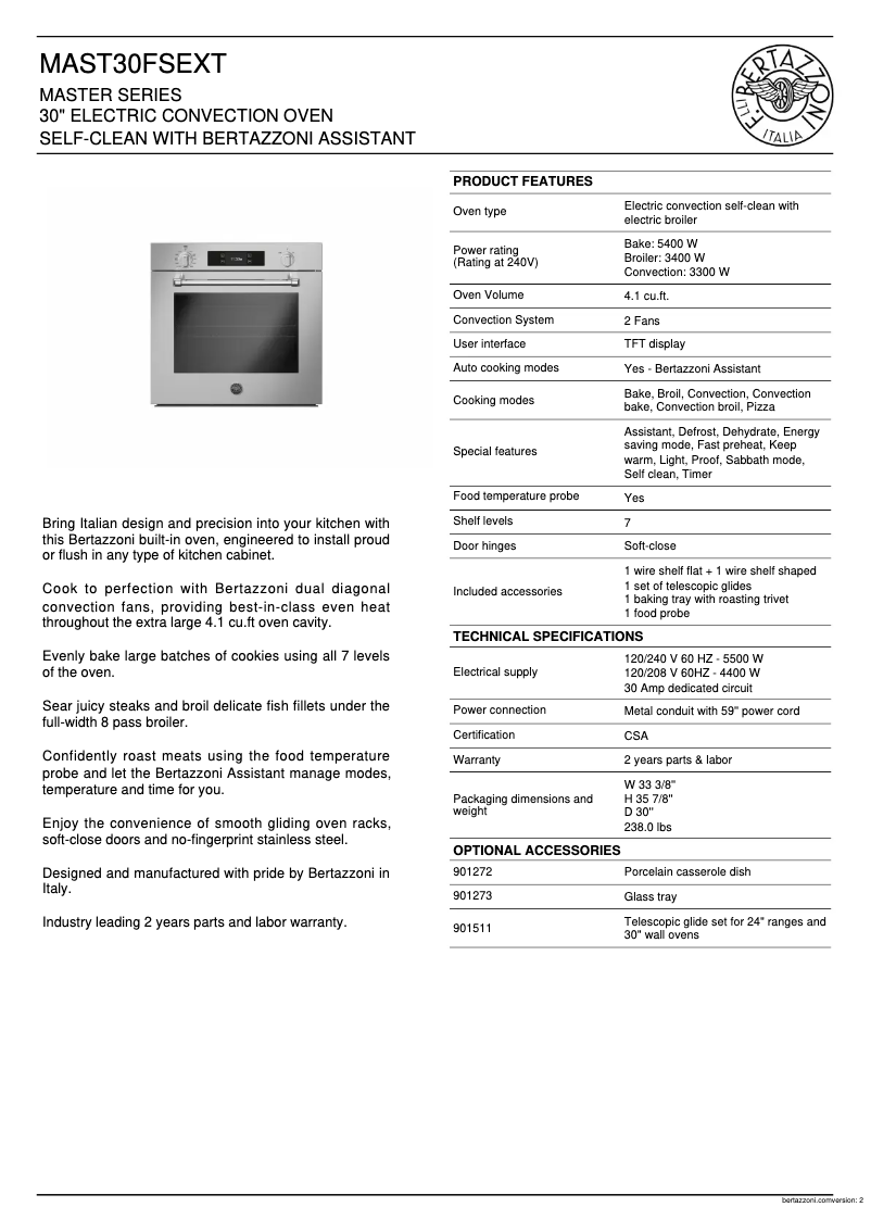 Page 1 de la notice Fiche technique Bertazzoni MAST30FSEXT