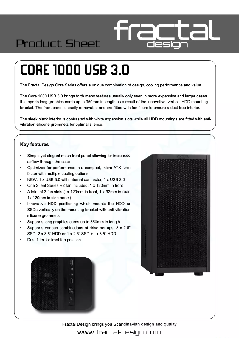 Page 1 de la notice Fiche technique Fractal Design Core 1000