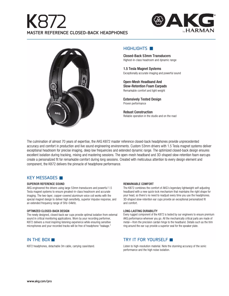 Página 1 del manual Ficha técnica AKG K872