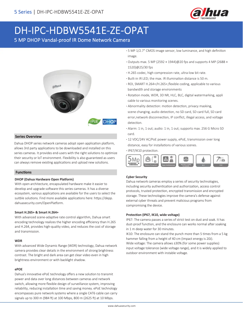 Page 1 de la notice Fiche technique Dahua Technology IPC-HDBW5541E-ZE-OPAT