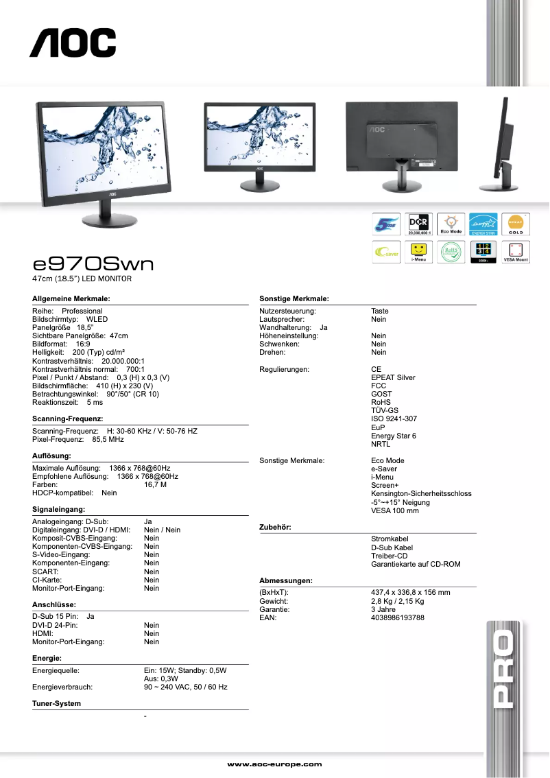 Page 1 de la notice Fiche technique AOC E970SWN