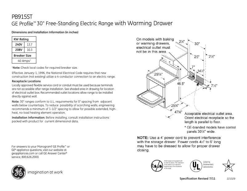 Page n°1 - Fiche technique GE Profile PB915STSS