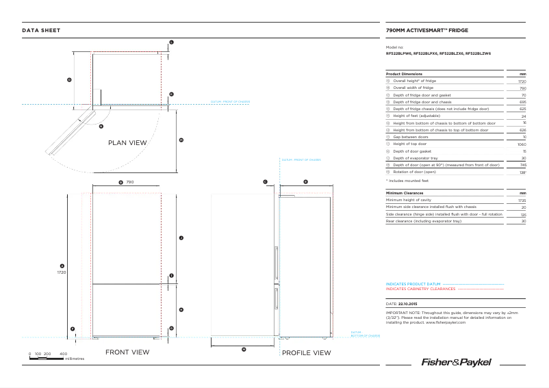 Page 1 de la notice Fiche technique Fisher & Paykel RF522BLPX7