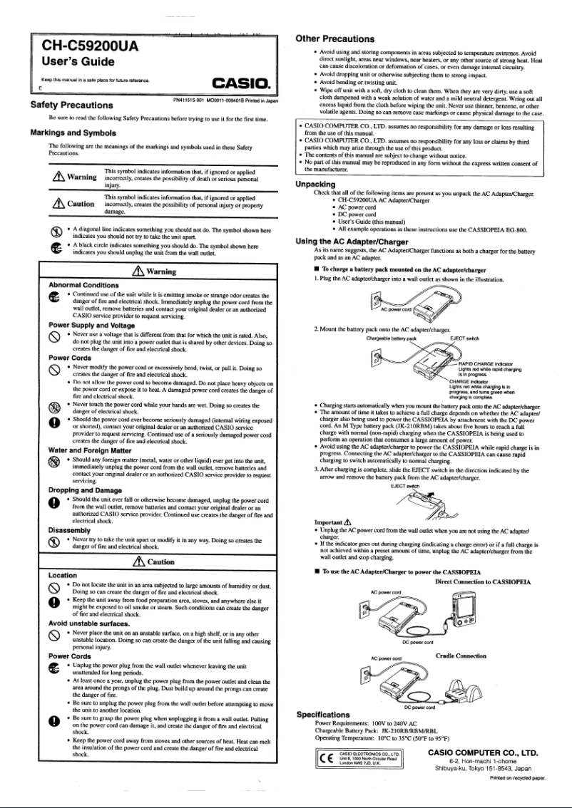 Page 1 de la notice Manuel utilisateur Casio CH-C59200UA-B-E