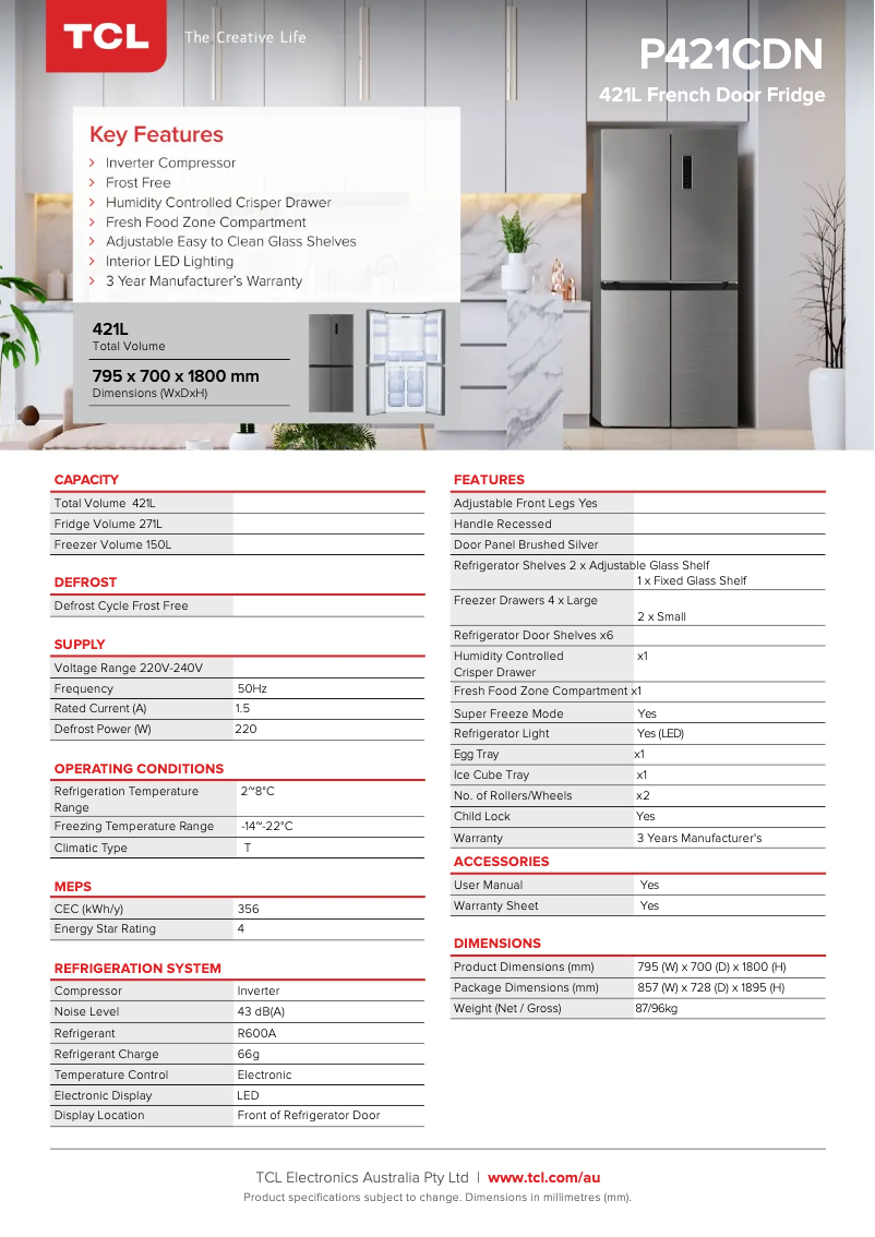 Page 1 de la notice Fiche technique TCL P421CDN